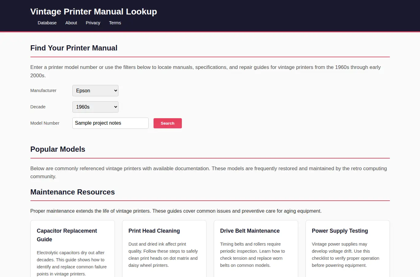 Screenshot of Vintage Printer Manual Lookup interface showing the project page in use